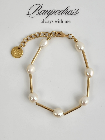 (Self-made) Gold Bar Link Freshwater Pearl Bracelet